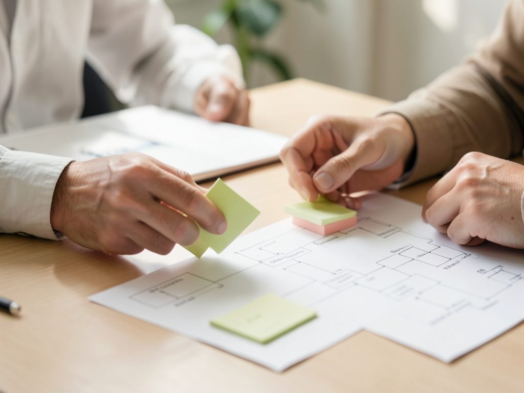 Two colleagues placing sticky notes on a process diagram