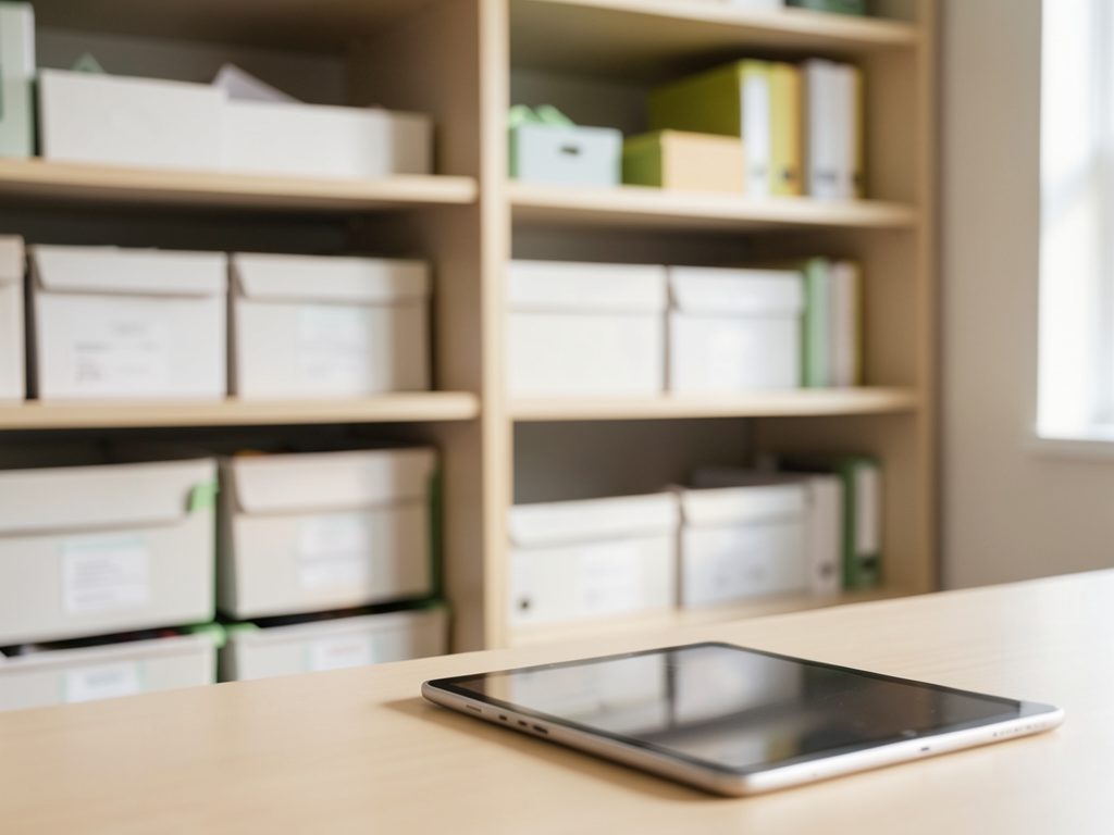 Infotraq Documents: shelves of archive boxes in a bright office, with a tablet on the desk