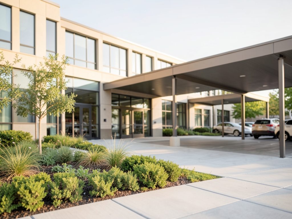 Infotraq Facilities: the entrance of an office building with a covered drop-off and landscaped planting