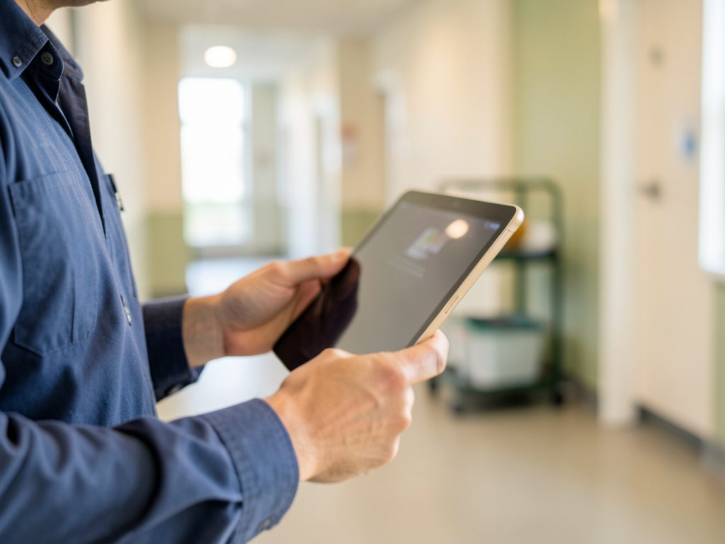Infotraq Operations: a facility technician checking a task on a tablet in a corridor