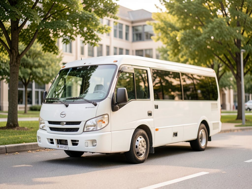 Infotraq Services: a white staff shuttle van parked on a tree-lined street