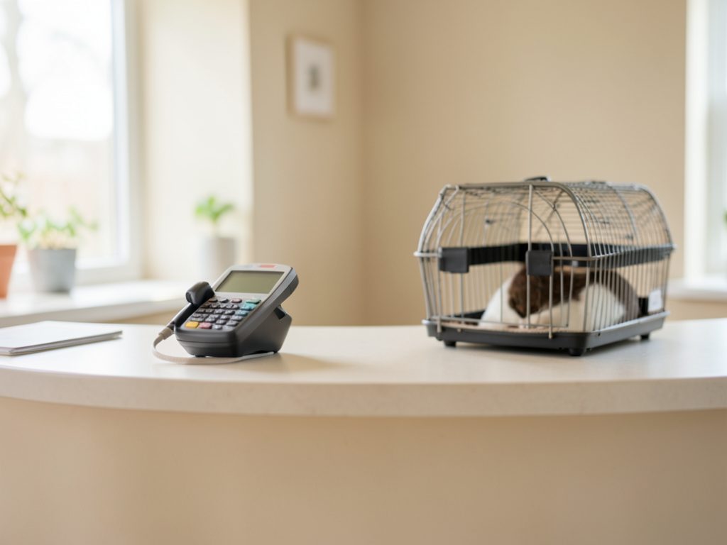 VetHesap: a veterinary clinic counter with a payment terminal and a small pet carrier